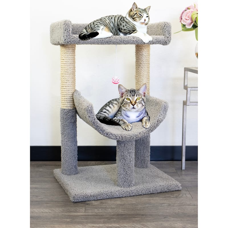 Spacious Two-Level Window Cat Perch Tower with Sisal Scratching Posts and Play Toy for Indoor Lounging