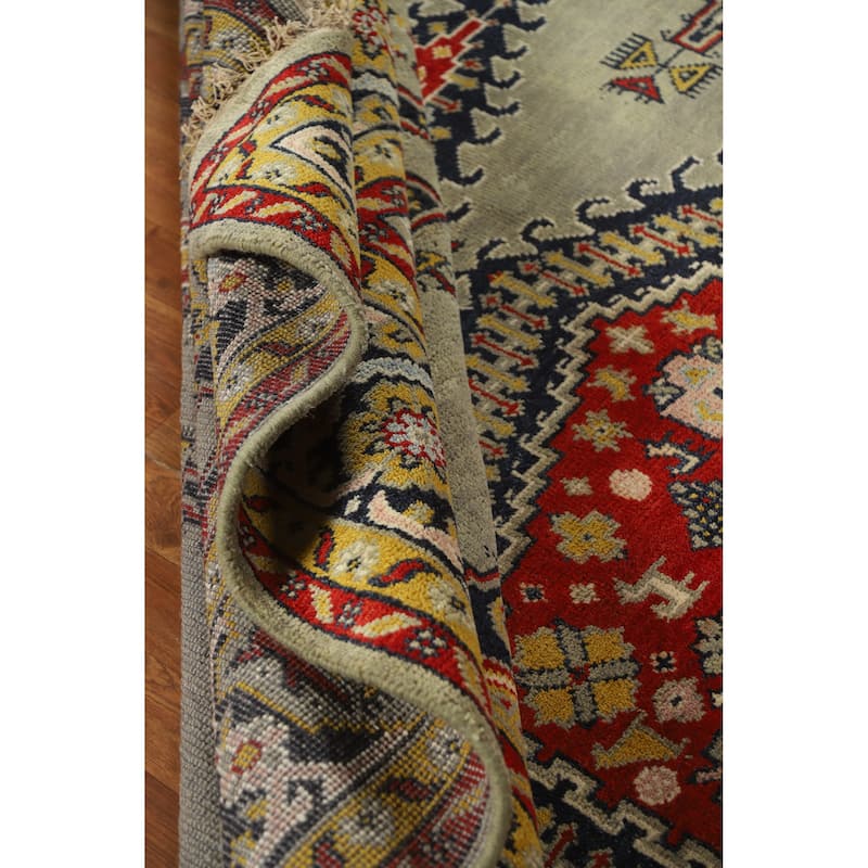 Green Geometric Viss Indian Area Rug Hand-Knotted Wool Carpet - 8'7" x 11'9"