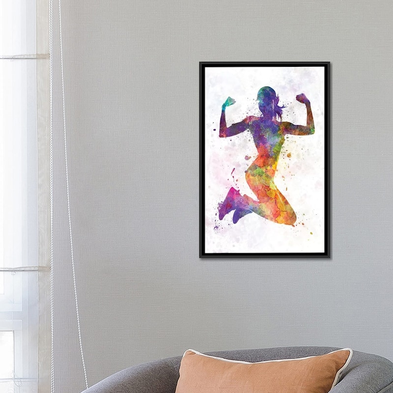 iCanvas "Woman Runner Jogger Jumping Powerful" by Paul Rommer Framed Canvas Print