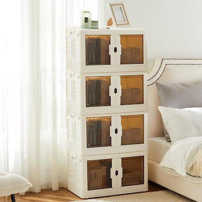 Stackable Plastic Storage Bins with Lids, 37QT Foldable with Doors and Wheels, Organizer Boxes for Living Room, Bedroom