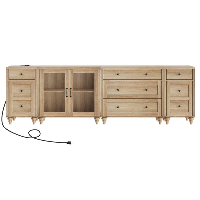Farmhouse TV Stand with Glass Door, Oak