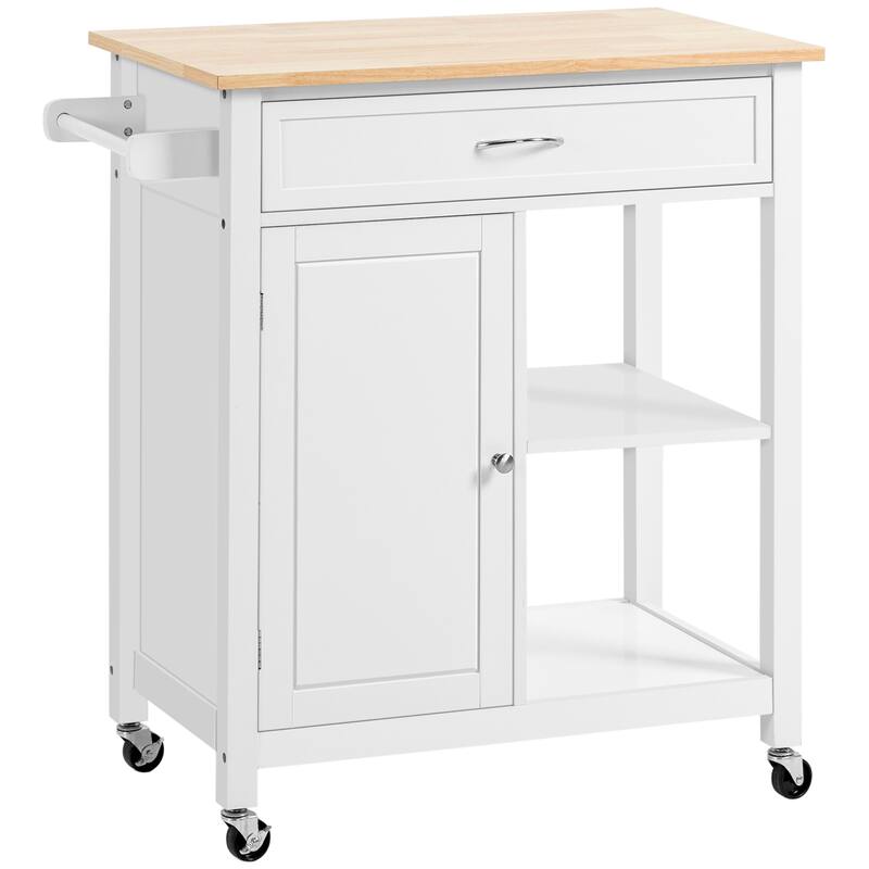 Kitchen Island Cart on Wheels, Small Kitchen Storage Cabinet with Solid Wood Countertop, Drawer & Adjustable Shelf - White