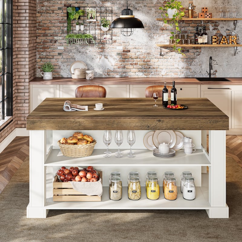 55-Inch Large Home Bar Unit, 3-Tier Pub Table with Storage Shelves - N/A