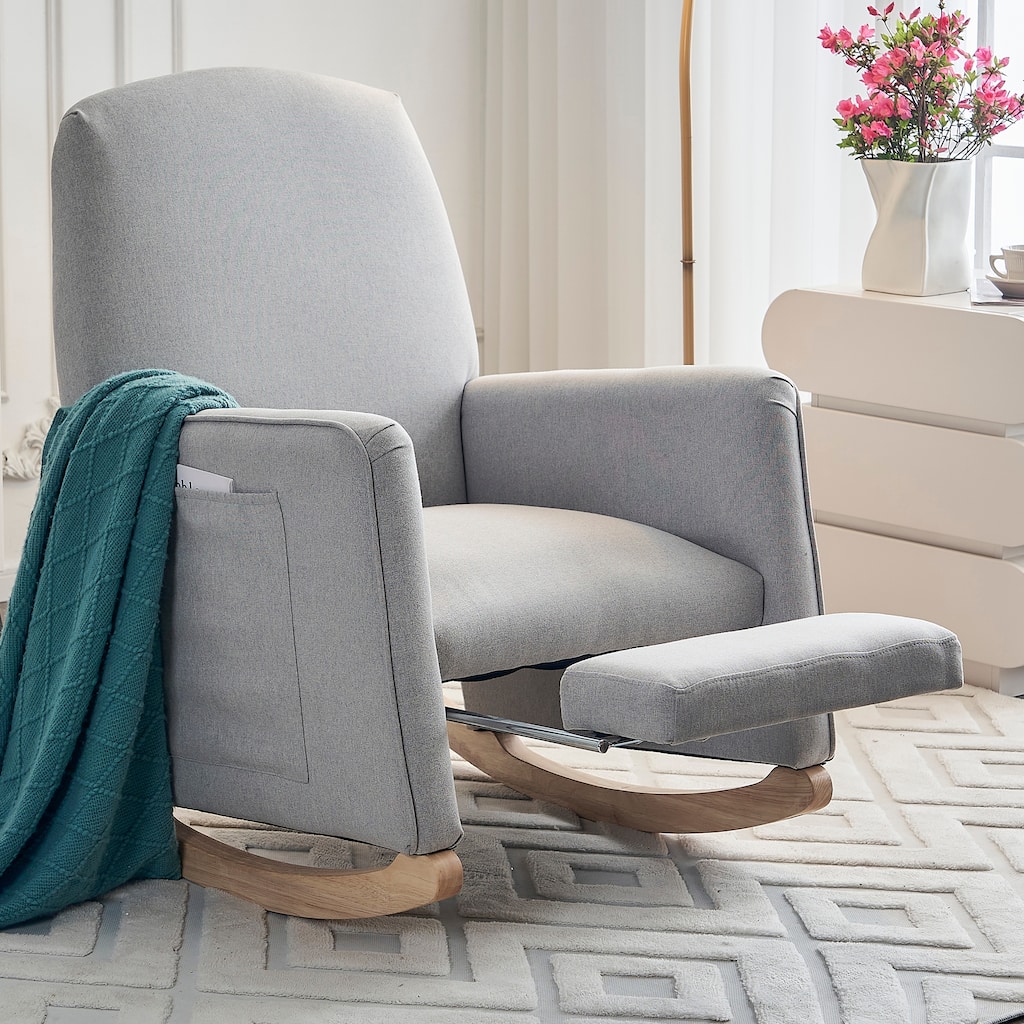 Cotton Linen Fabric Nursery Rocking Chair With Adjustable Footrest