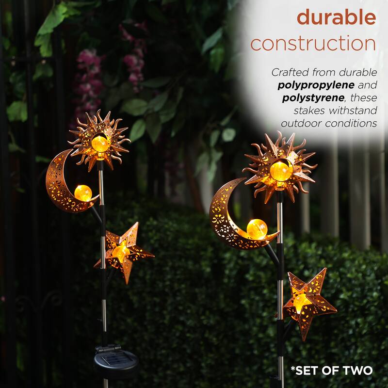 Alpine Corporation SBY100SLR-2 Celestial Solar LED Stake, Sun, Moon, and Star Pathway Lighting for Walkway, 38"H, Black Set of 2