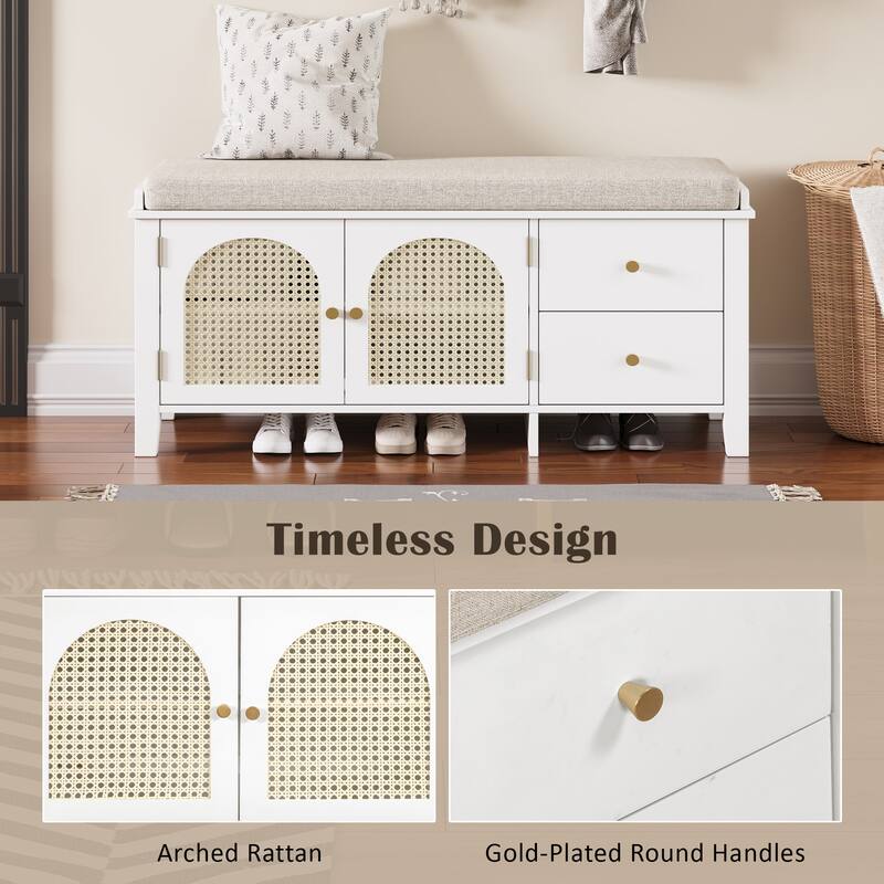Wood Frame Bench with Shoe Storage, Shoe Bench with Rattan Arched Door and 2 Drawers Entryway Fabric Upholstered Bench