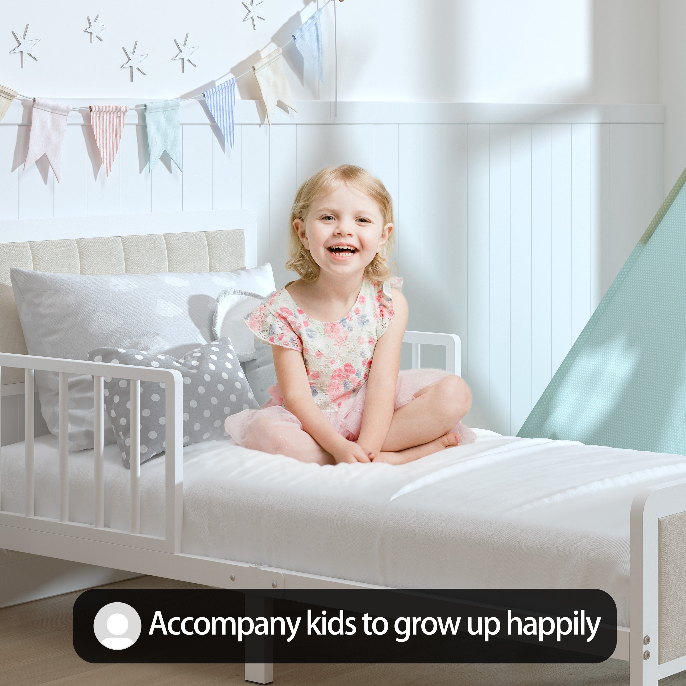 Gezen Toddler Twin Bed Frame with Guardrails Safety Metal Upholstered Paltform Bed for Children Kids White