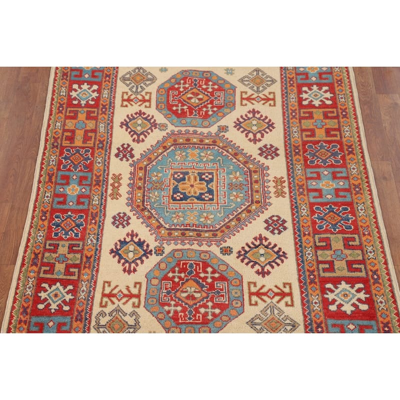 Geometric Beige Kazak Foyer Rug Hand-Knotted Oriental Wool Carpet - 4'0" x 5'11"