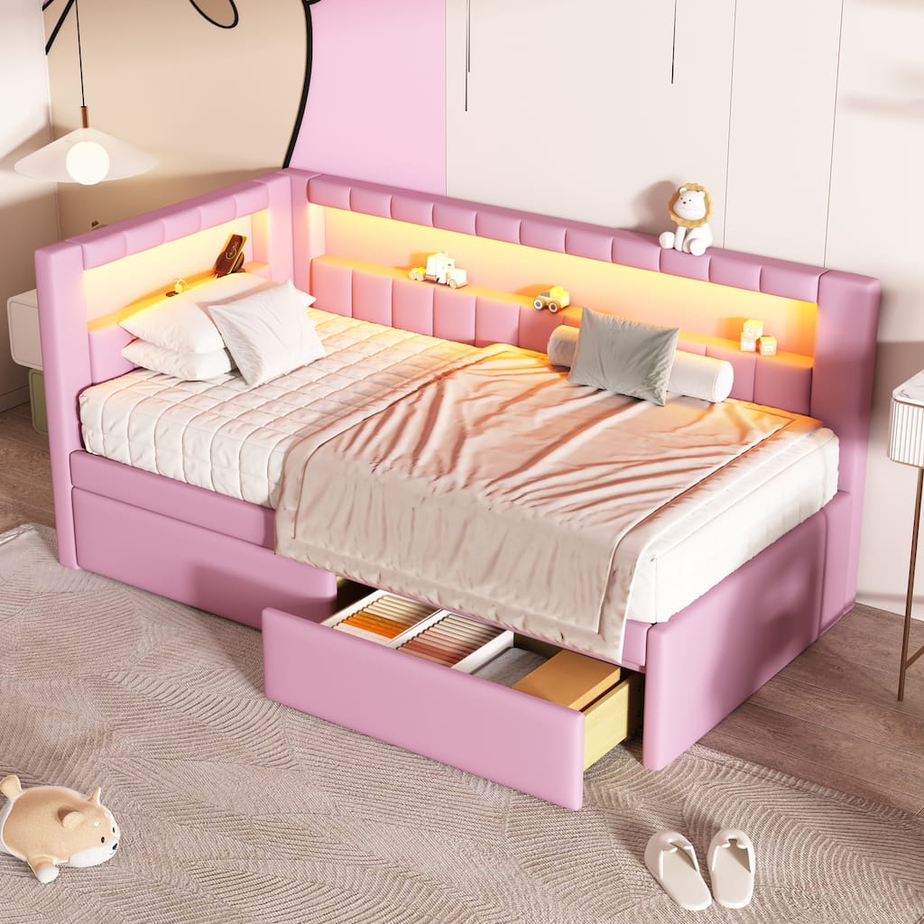 Upholstered Linen Platform Bed, Twin Size Floor Daybed Bed Frame with USB Ports, LED Belt and 2 Storage Drawers for Bedroom