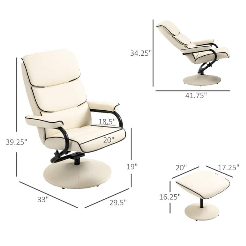 PU Recliner with Ottoman, Swivel and Adjustable Recline - 29.5" W x 33" D x 39.25" H.