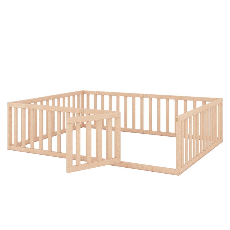 Versatile Wooden Floor Bed Frame without Slats, Solid Pinewood Kids Bed Frame with Fence and Door