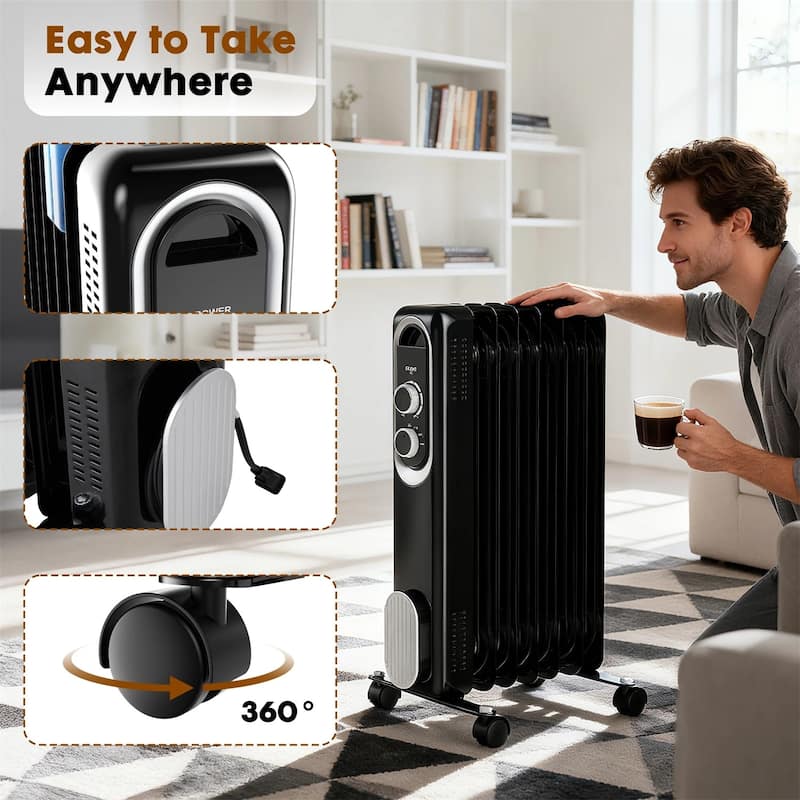 Oil Space Heater, Portable Radiator Heater with 3 Heat Settings, 1500W Thermostat, Tip-Over Protection