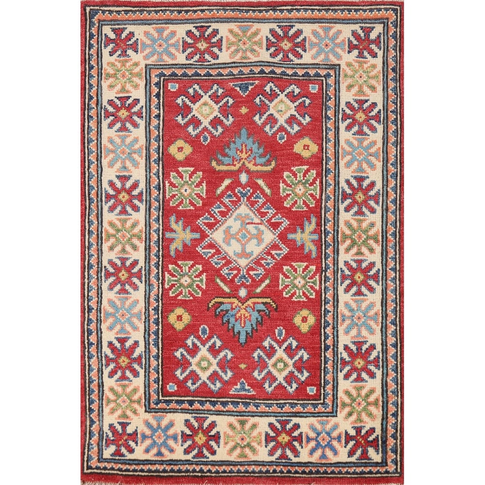 Kazak Oriental Rug Handmade Red Geometric Wool Carpet - 2'0"x 3'0"