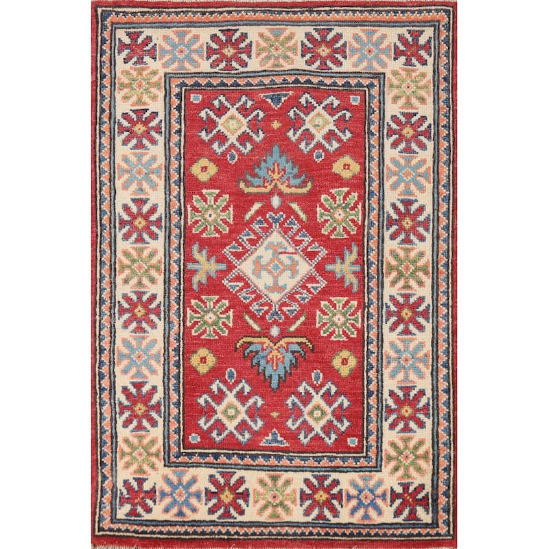 Kazak Oriental Rug Handmade Red Geometric Wool Carpet - 2'0"x 3'0"