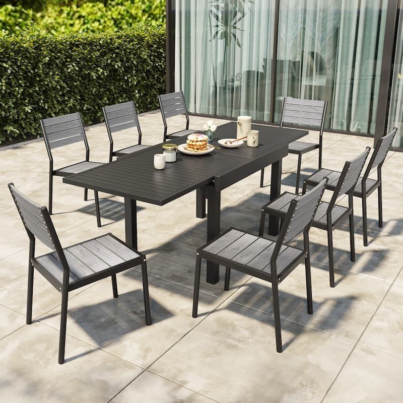 Pellebant 5/7/9 Pieces Patio Dining Set with Expandable Outdoor Dining Table and Chairs - Black Table with 8 Grey Chairs