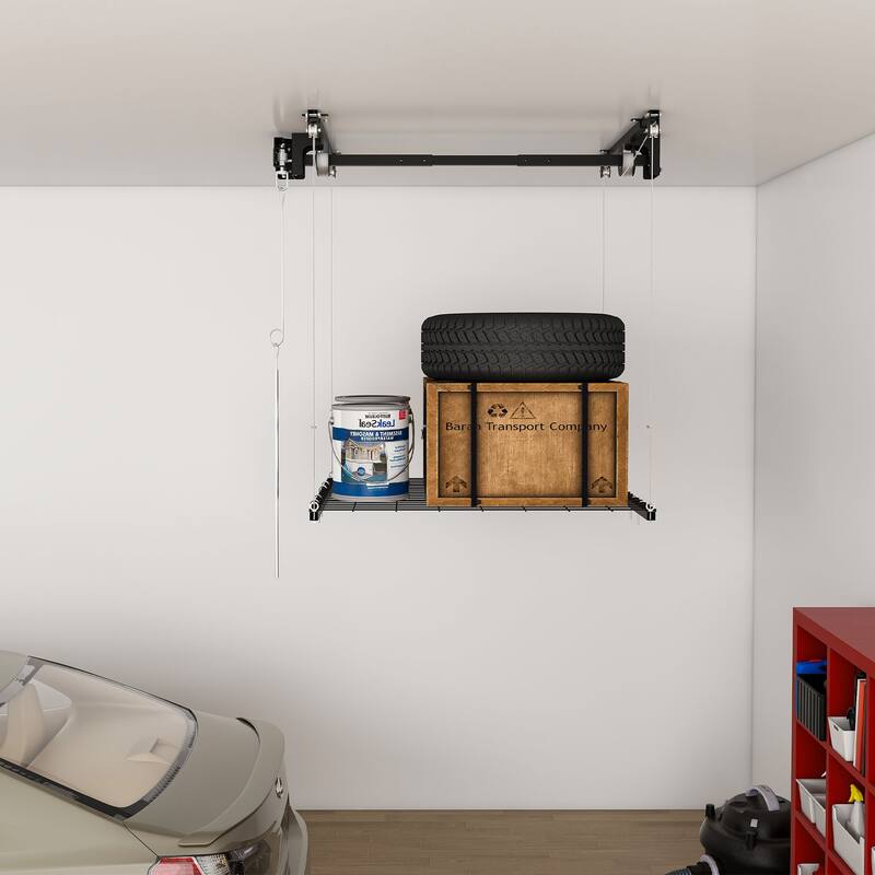 Roomfitters Overhead Garage Storage Rack 3x6 FT, Crank Down Ceiling Organizer for 10-12 FT Garages, 270lb Lift, White