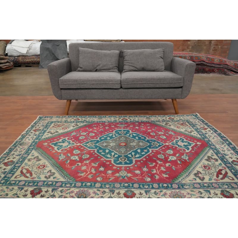Hand Knotted Oriental 100% Wool Carpet Traditional Floral Pink Tabriz Area Rug - 6' 3'' X 4' 7''