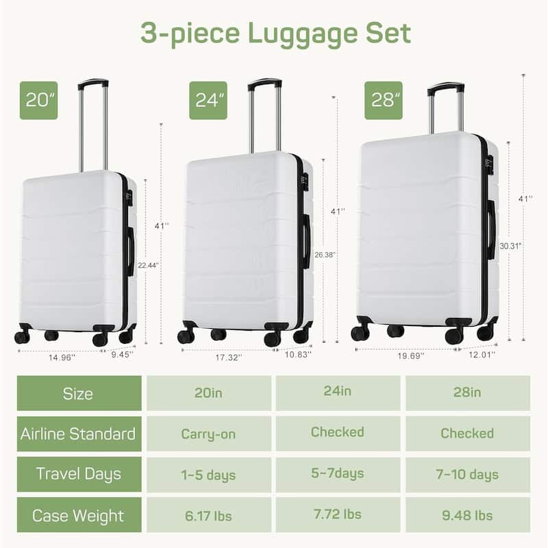 3-Piece Luggage Sets(20/24/28 Inch) , Hard Shell Suitcases with Spinner Wheels, Expandable Lightweight Rolling Suitcase Sets