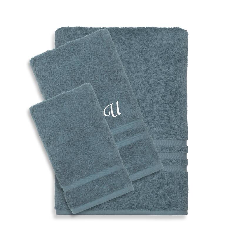 Authentic Hotel and Spa Omni Turkish Cotton Terry 3-piece Medium Blue Bath Towel Set with White Script Monogrammed Initial - Blue/U
