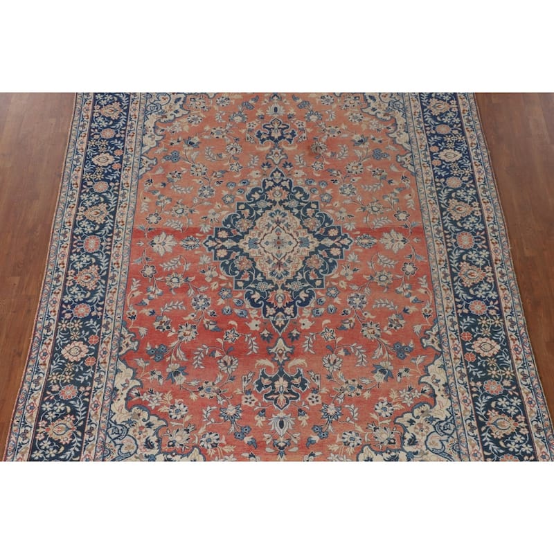 Distressed Kashan Persian Antique Area Rug Handmade Wool Carpet - 7'2"x 10'0"