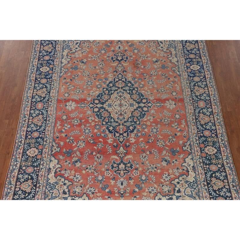 Distressed Kashan Persian Antique Area Rug Handmade Wool Carpet - 7'2