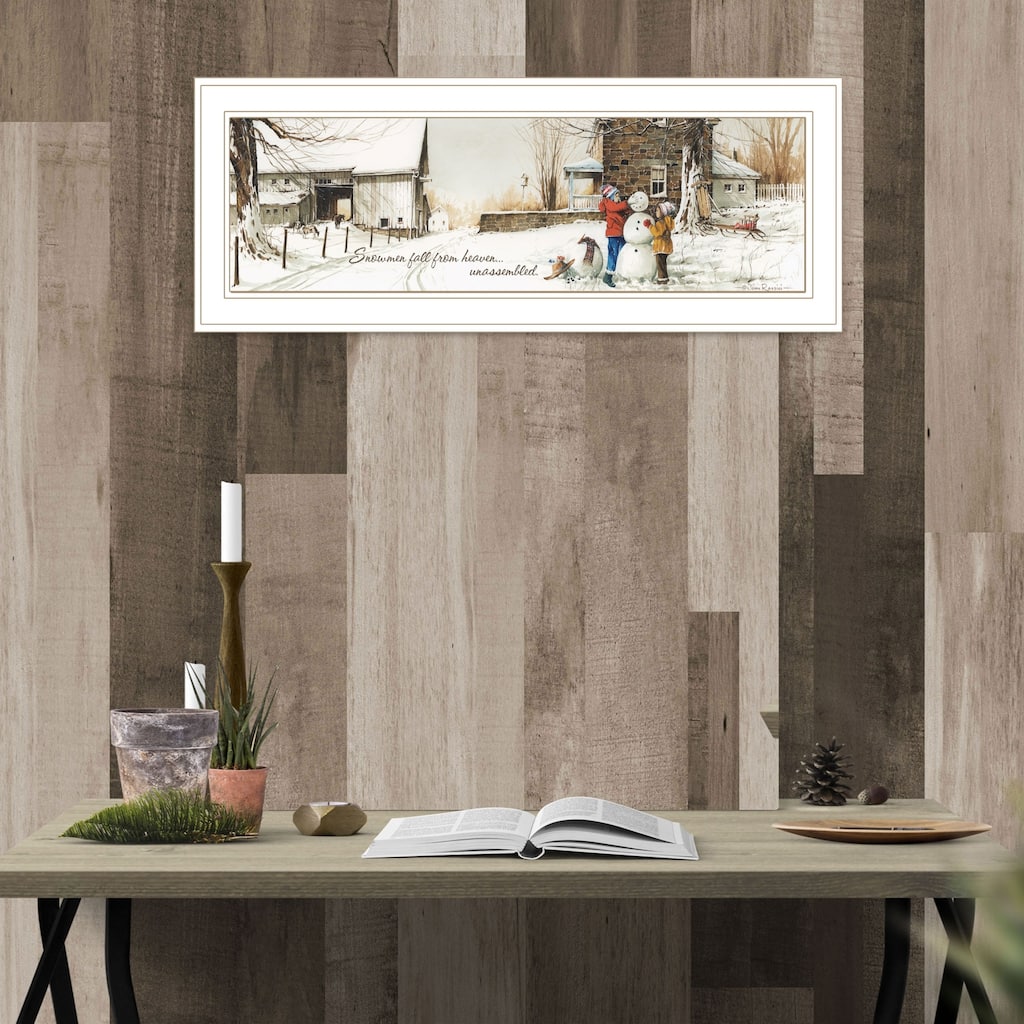 TrendyDecor4U Farmhouse "Snowmen from Heaven" Framed Print Wall Art by John Rossini - Earthtone