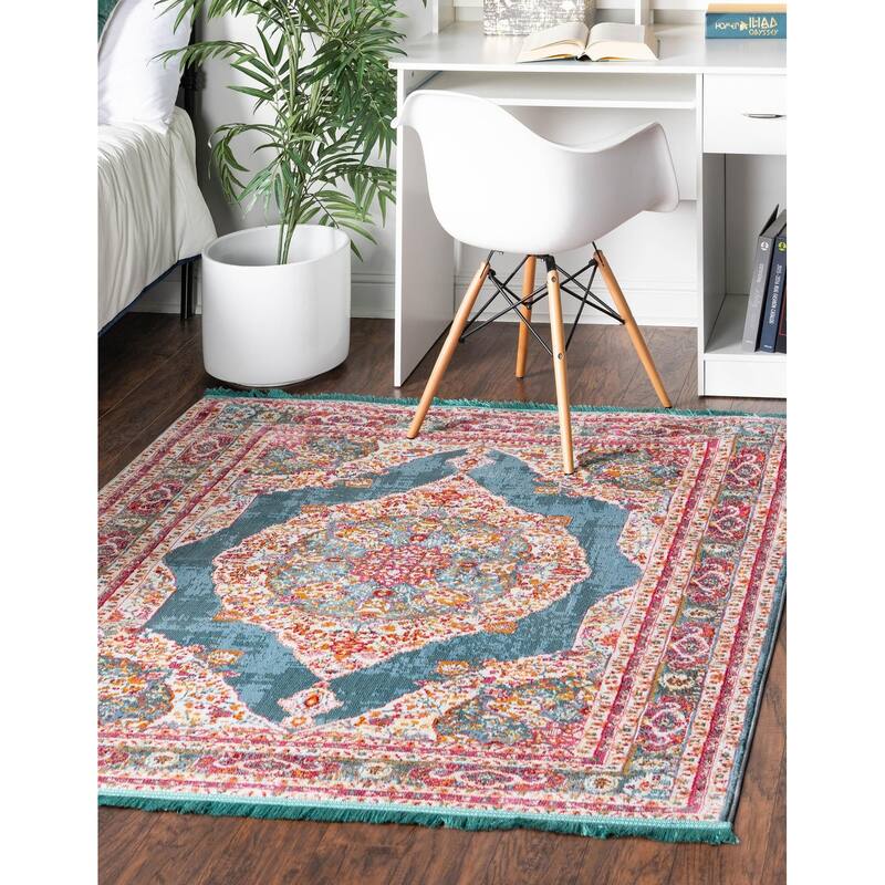 Traditional Samana Collection Area Rug - 5' Square - Turquoise