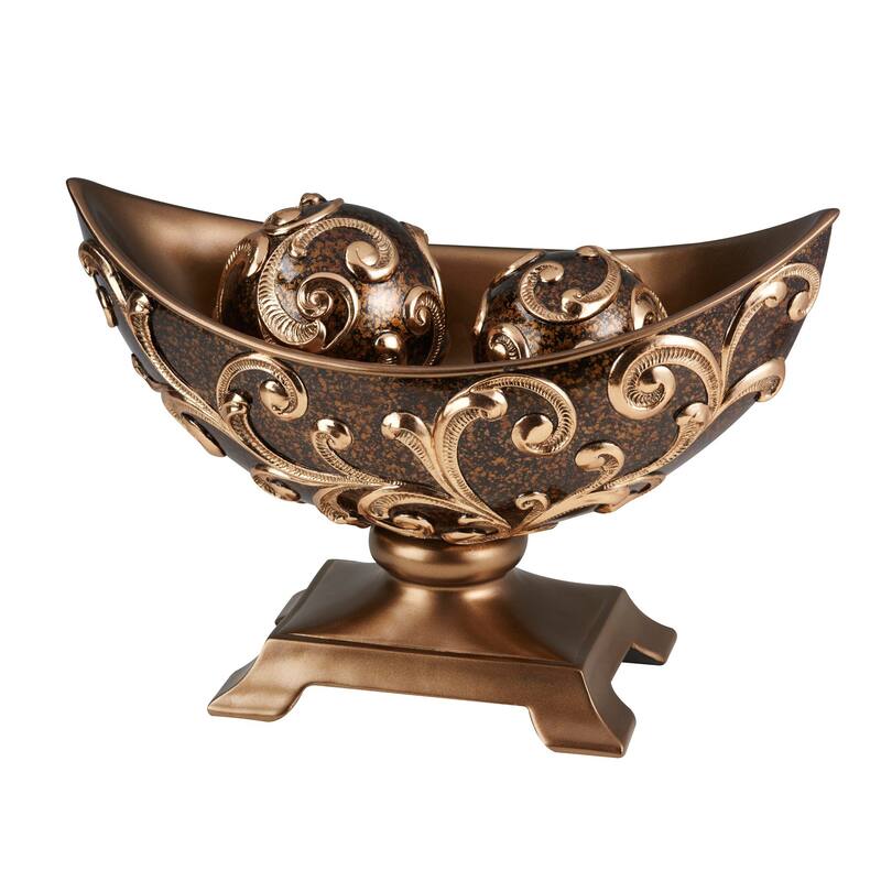 HomeRoots 11" Brown And Gold Polyresin Decorative Bowl With Orbs - 8.13' X '11' X '15.75