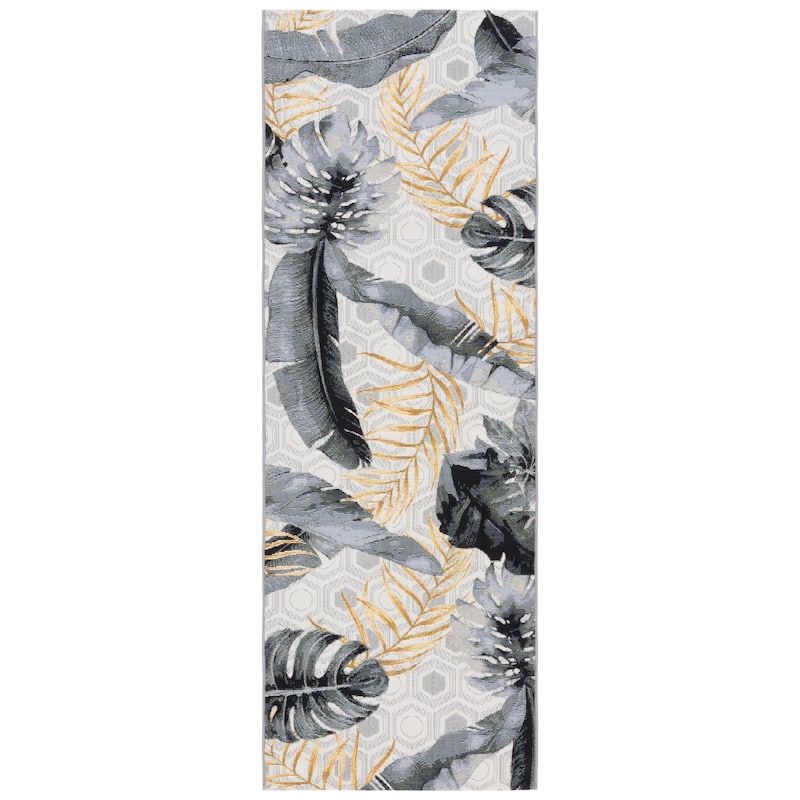 SAFAVIEH Barbados Xhezide Tropical Indoor/ Outdoor Waterproof Patio Backyard Rug - 2'8" x 10'5" Runner - Grey/Gold