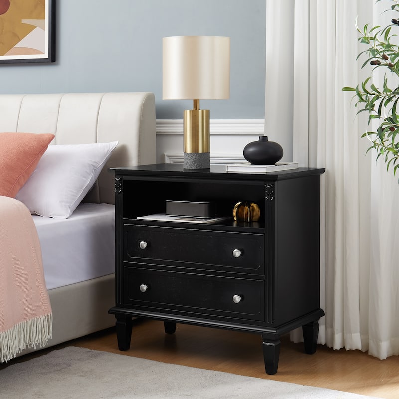 Farmhouse 2-Drawer Dresser Nightstand with Charging Station, USB Ports, Open Shelf & Solid Wood Legs