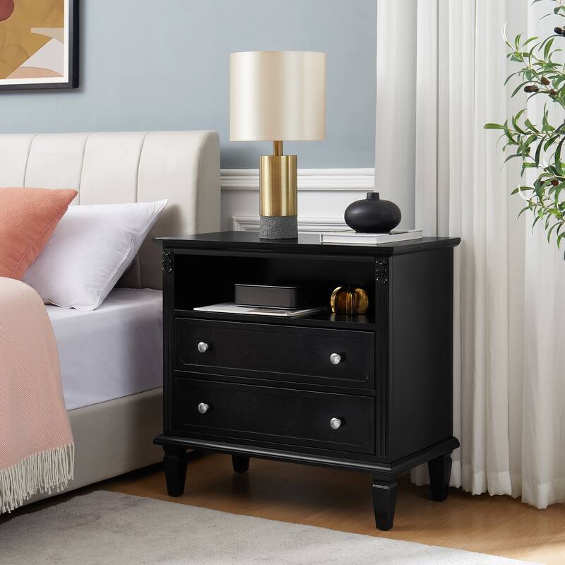 Open Space And 2 Drawers Dresser Nightstand With Charging Station, Farmhouse End Table With Usb Ports And Outlets
