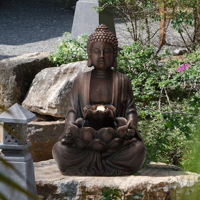 Glitzhome 23.25"H LED Lighted Buddha Statue Polyresin Outdoor Floor Fountain - 23.25"