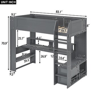 All-in-one Gaming Loft Bed with Desk, LED Lights, USB Ports, Multi-shelves, Bookshelf High Loft Wood Bed Frame, Dark Gray