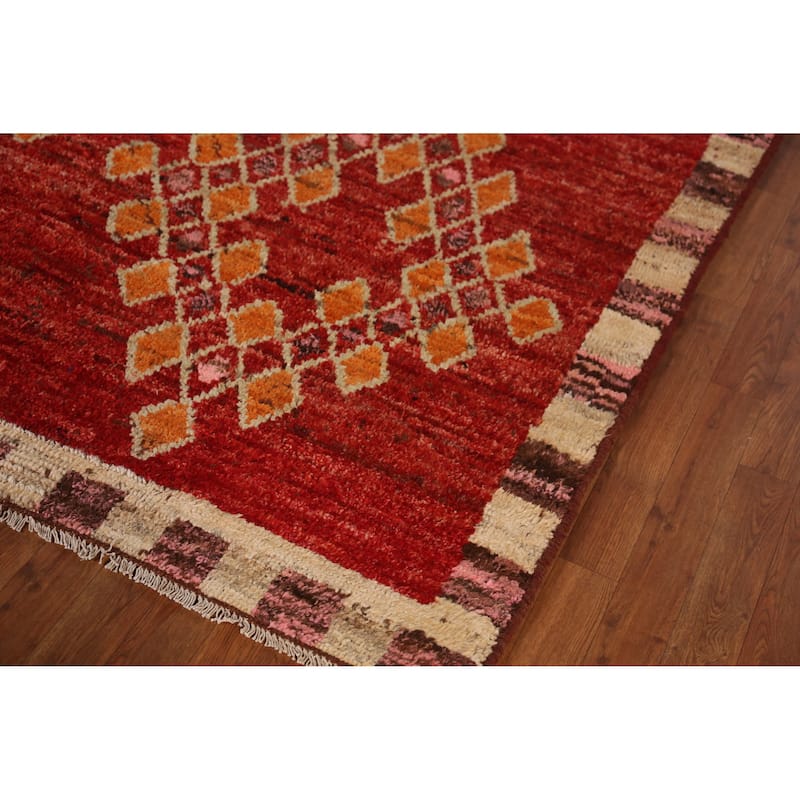Red Geometric Moroccan Oriental Area Rug Handmade Tribal Wool Carpet - 6'7" x 9'10"