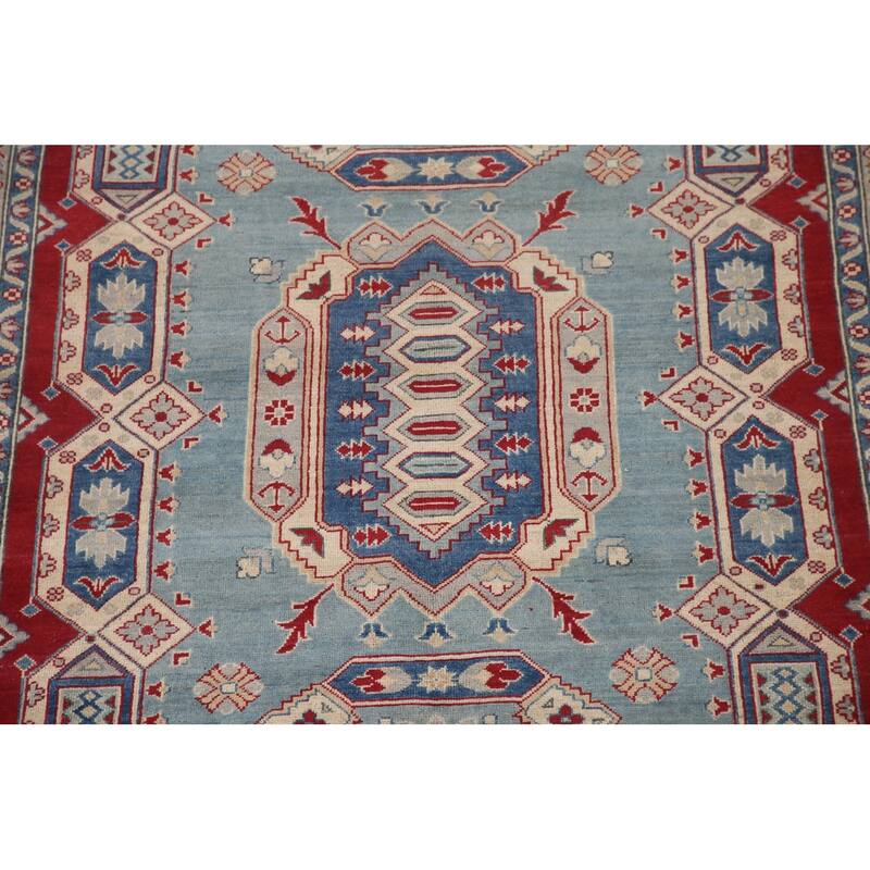 Hand Knotted Oriental 100% Wool Carpet Traditional Geometric Navy Blue & Blues Kazak Area Rug - 9' 6'' X 6' 8''
