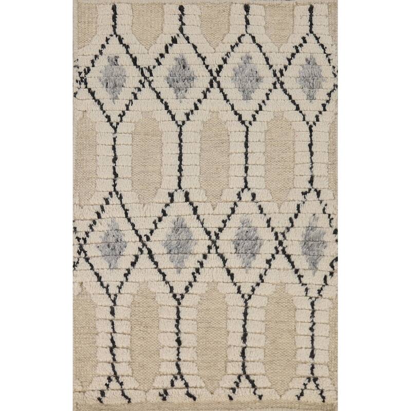 Geometric Trellis Moroccan Indian Accent Rug Handmade Wool Carpet - 2'0"x 3'0"