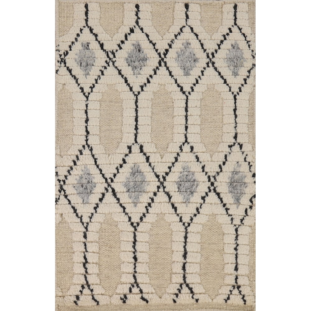 Geometric Trellis Moroccan Indian Accent Rug Handmade Wool Carpet - 2'0"x 3'0"