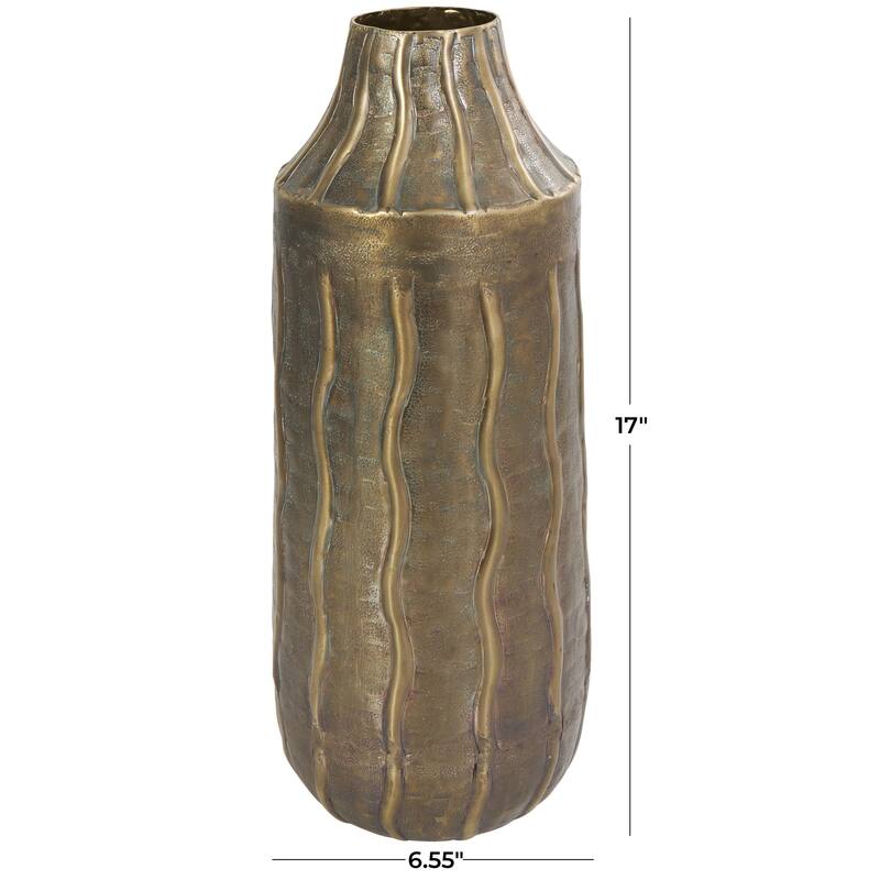 Metal Snakeskin Inspired Decorative Vase with Dimensional Wavy Accents - Brass - Roche River Decor