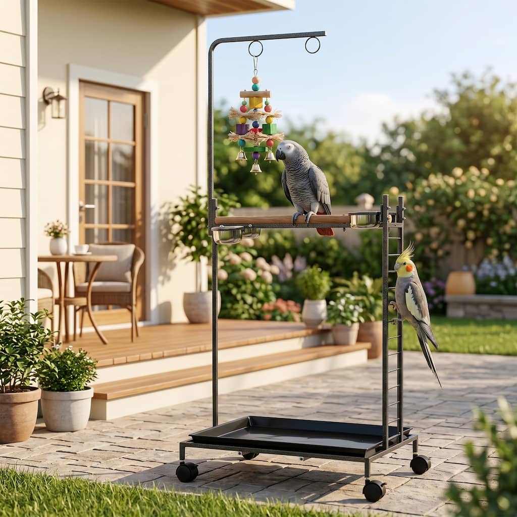PawHut Bird Stand, Parrot Stand with Wheels, Wooden Perch, Stainless Steel Bowls, Ladder and Slide-out Tray, Dark Gray