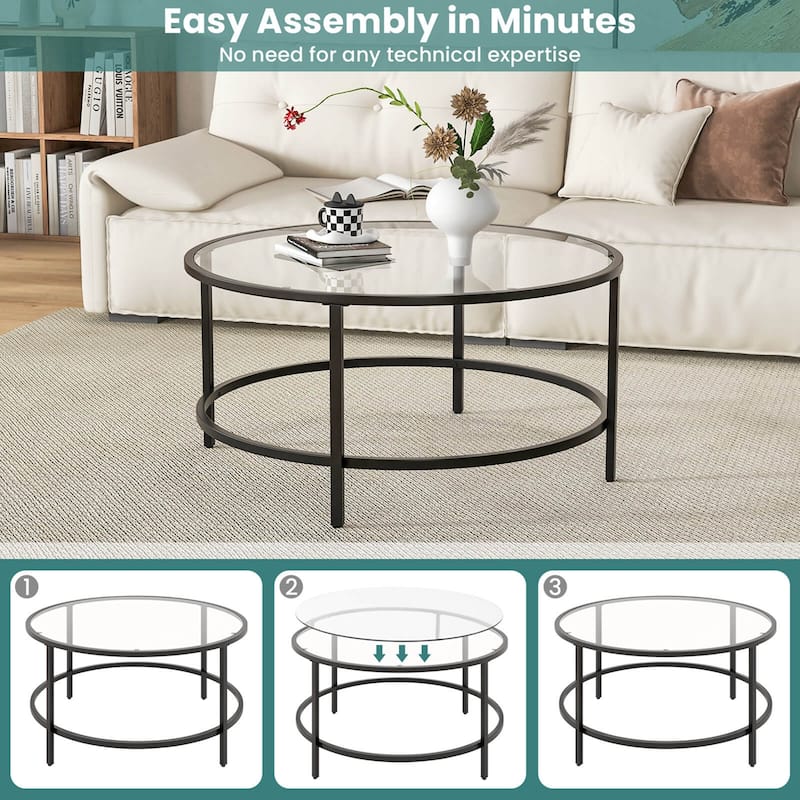 Costway 36'' Round Coffee Table Tempered Glass Tabletop Metal Frame - See Details