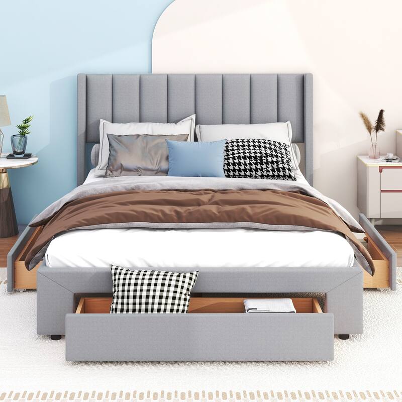 Queen Size Upholstered Platform Bed with One Large Drawer in the