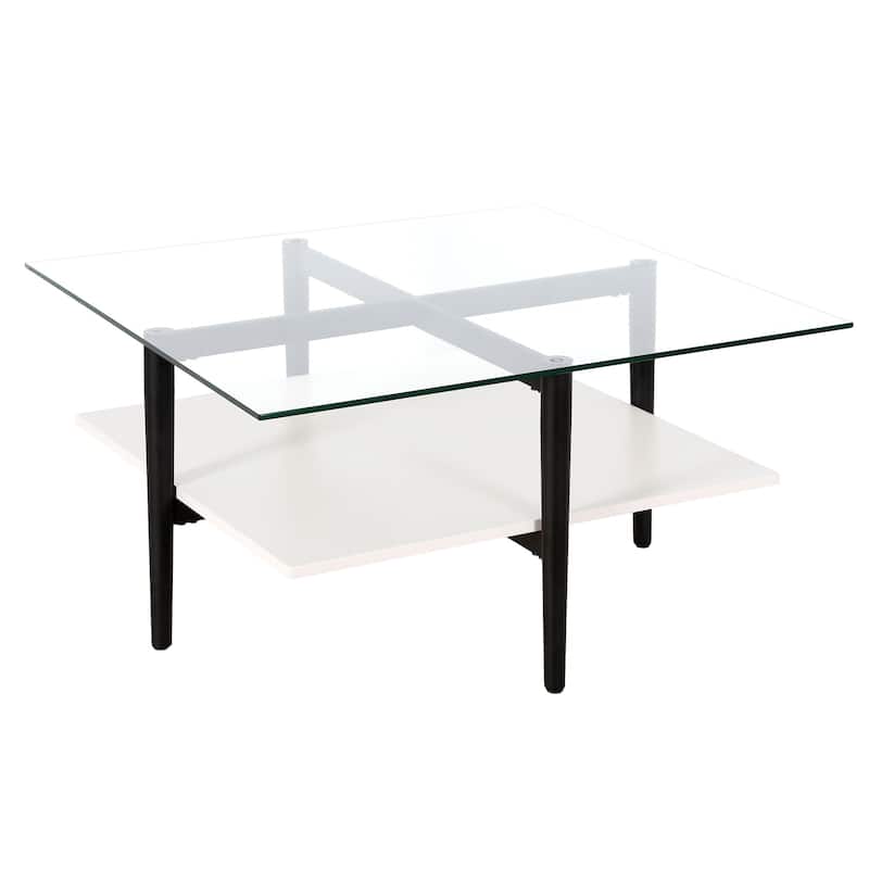 32" Square Modern Coffee Table with Glass Top and Metal Legs Lower Shelf Storage for Living Room - 32"L x 32"W x 17"H