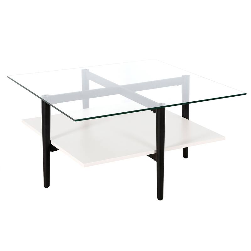 32" Square Modern Coffee Table with Glass Top and Metal Legs Lower Shelf Storage for Living Room - 32"L x 32"W x 17"H - White-Black