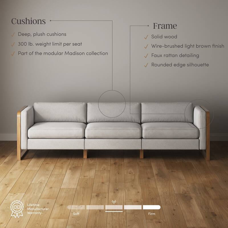 Madison Modern Upholstered Modular Sofa or Couch for Living Room with Solid Wood Legs