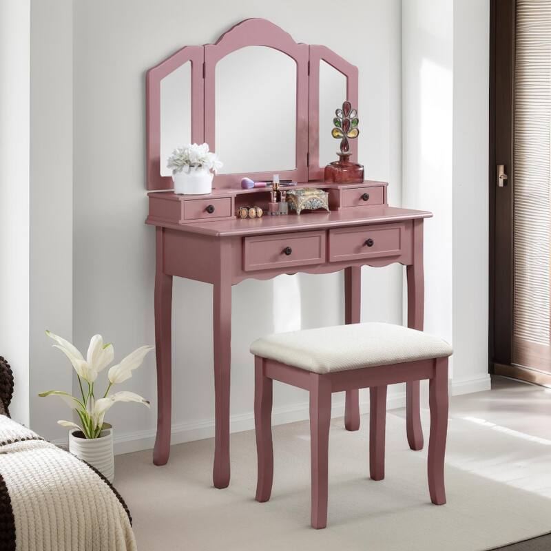 Wooden Vanity Table and Upholstered Stool Set, with 3-Panel Mirror and Ample Storage Drawers