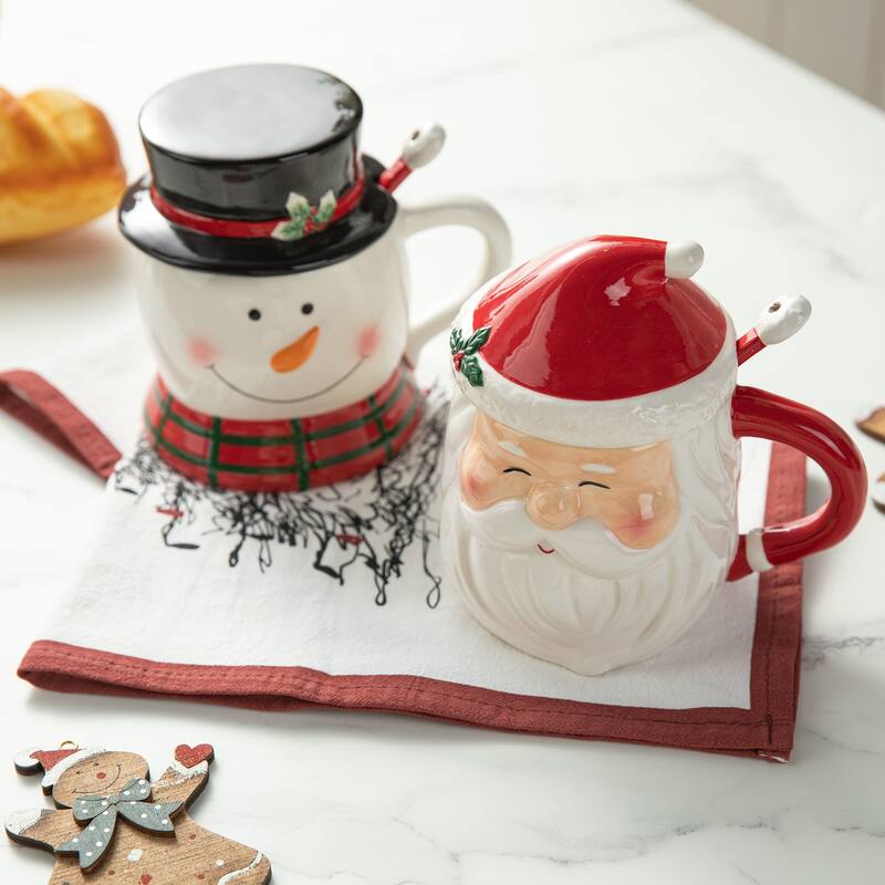 Glitzhome Christmas Dolomite Santa & Snowman or Tree Mug with Lid and Spoon