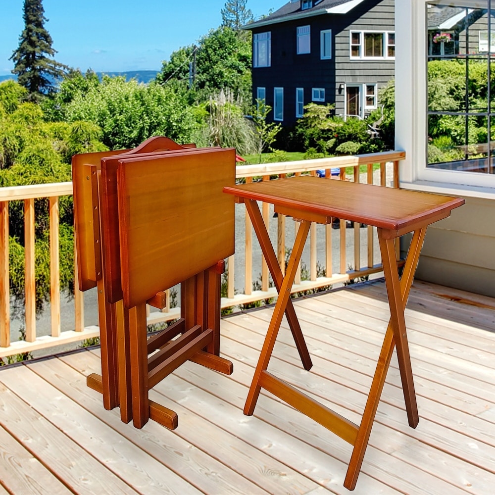 Folding Table Solid Wood Tv Tray Set Palko Walnut 6-Piece Tray Set