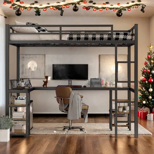slide 2 of 13, Metal Full XL Loft Bed with Desk and Shelves,Kids Bed Design