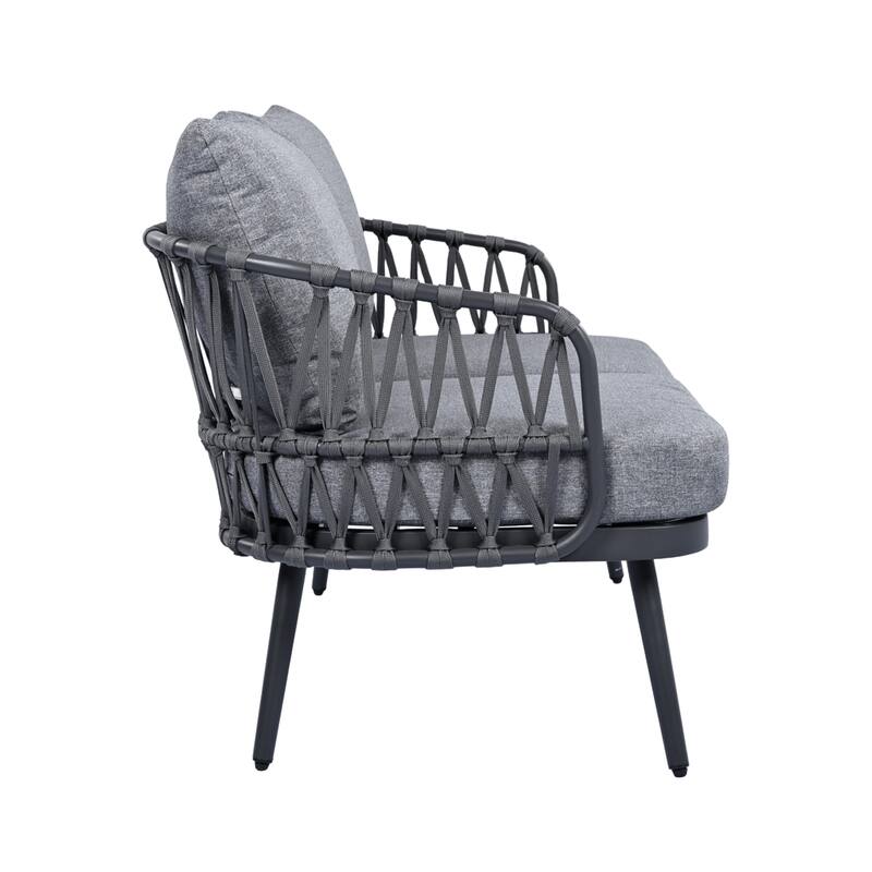 Modern 4-Piece Patio Conversation Set with Woven Rope Backrest, Acacia Coffee Table and Cushions, Outdoor Furniture