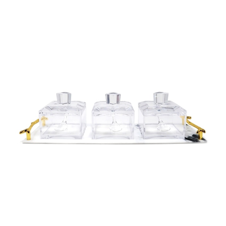3 Bowl Acrylic Serving Dish on Tray with Covers and Spoons